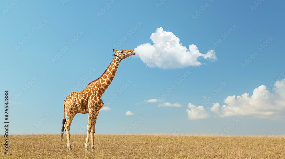 Obraz premium A giraffe stands in the savannah and eats a cloud from the sky.