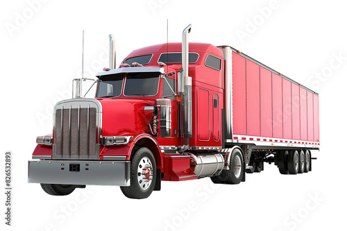 Red semi truck with trailer on transparent background