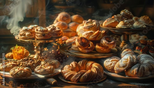 A delectable assortment of freshly baked pastries displayed elegantly on platters, perfect for bakery and food photography enthusiasts