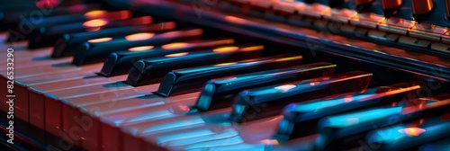 Detailed close up of a piano keyboard with many keys in focus, emphasizing the intricate design and structure of the instrument photo