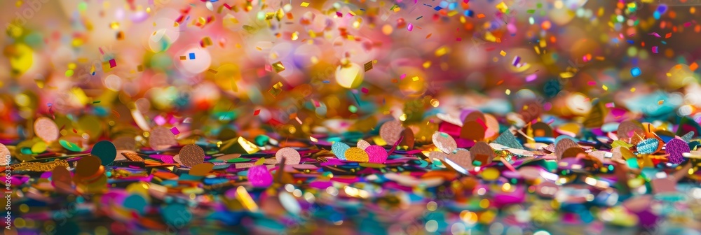 Bunch of vibrant confetti scattered across a table with party decorations, capturing a festive aftermath