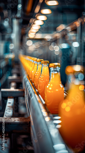 Conveyor Belt Moving Orange Juice Bottles