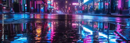 Urban street scene with a puddle of water reflecting neon lights, creating a cinematic atmosphere
