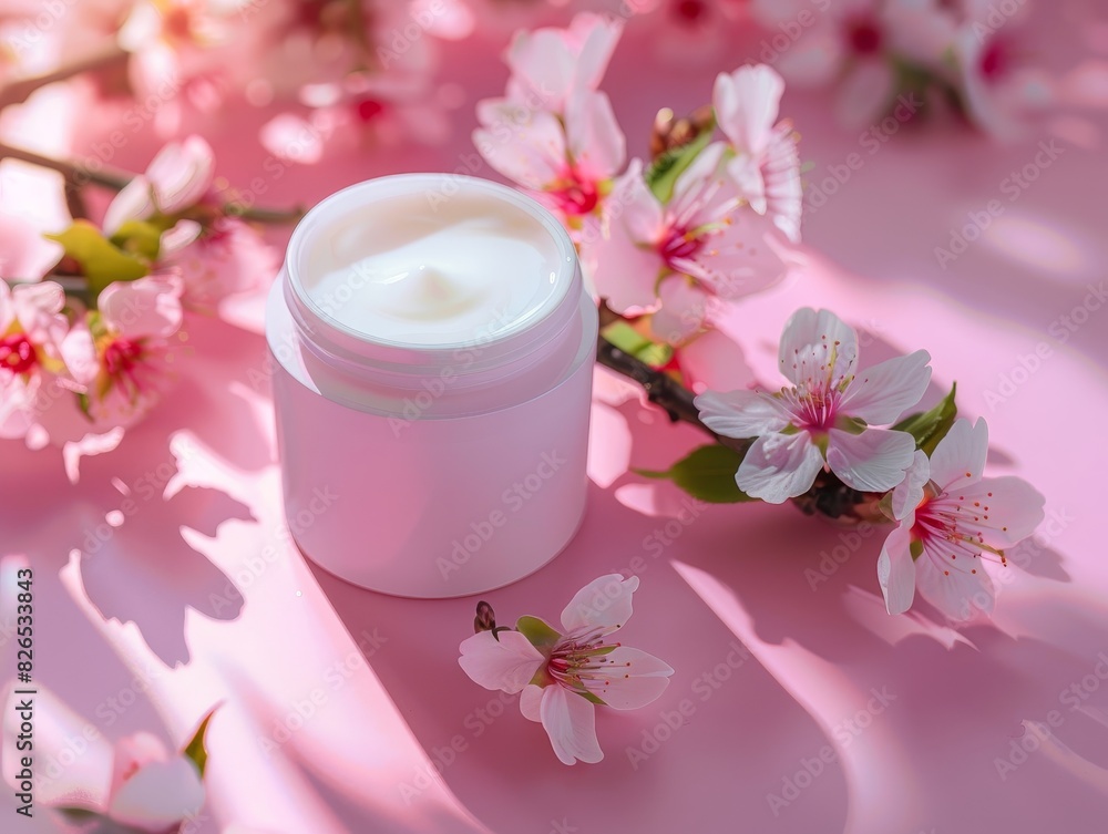 Small can of white moisturizer positioned amidst blooming cherry blossoms on a minimalistic pink background. Perfect for beauty and skincare themes.