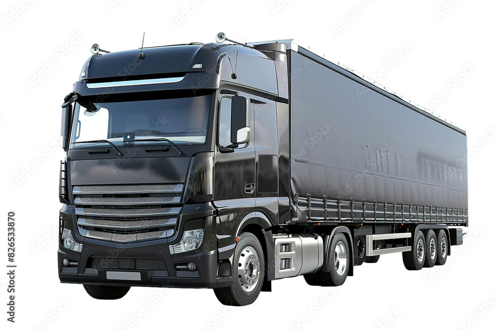 Black semi truck on transparent, angled view, large trailer. Black semi truck on transparent, angled view, large trailer.
