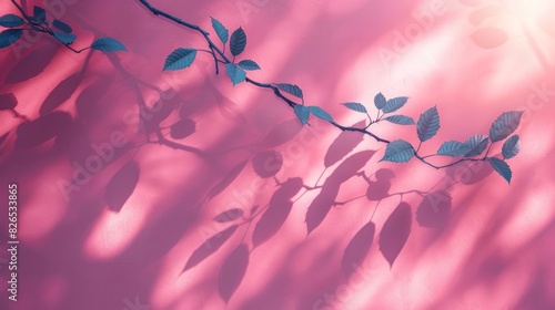 Elegant leaves on a wall background with the sun's rays of light and shadows. Abstract background. Copy space for text