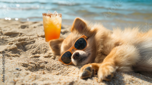 A red spitz dog in sunglasses lies on a sandy beach next to a fruit cocktail. Sunbathing and relaxing on tropical island. © OleksandrZastrozhnov