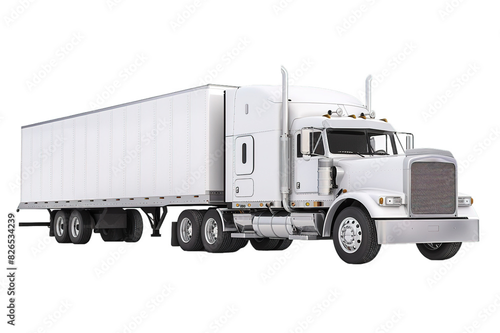 White semi truck with trailer on transparent background