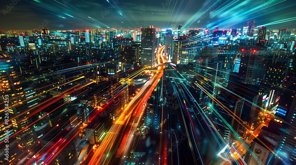 Smart city with speed line glowing light trail surround the city big data connection technology concept 