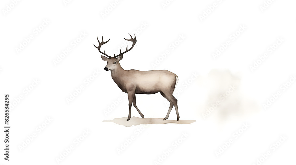 A watercolor painting of a deer standing on a white background. The deer is facing the left of the viewer. A watercolor painting of a deer standing on a white background. The deer is facing the left of the viewer.