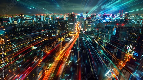 Smart city with speed line glowing light trail surround the city big data connection technology concept 