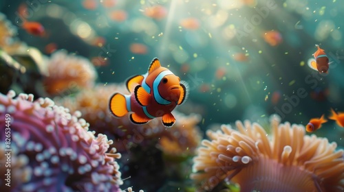 Tropical marine underwater environment featuring a clownfish named Nemo