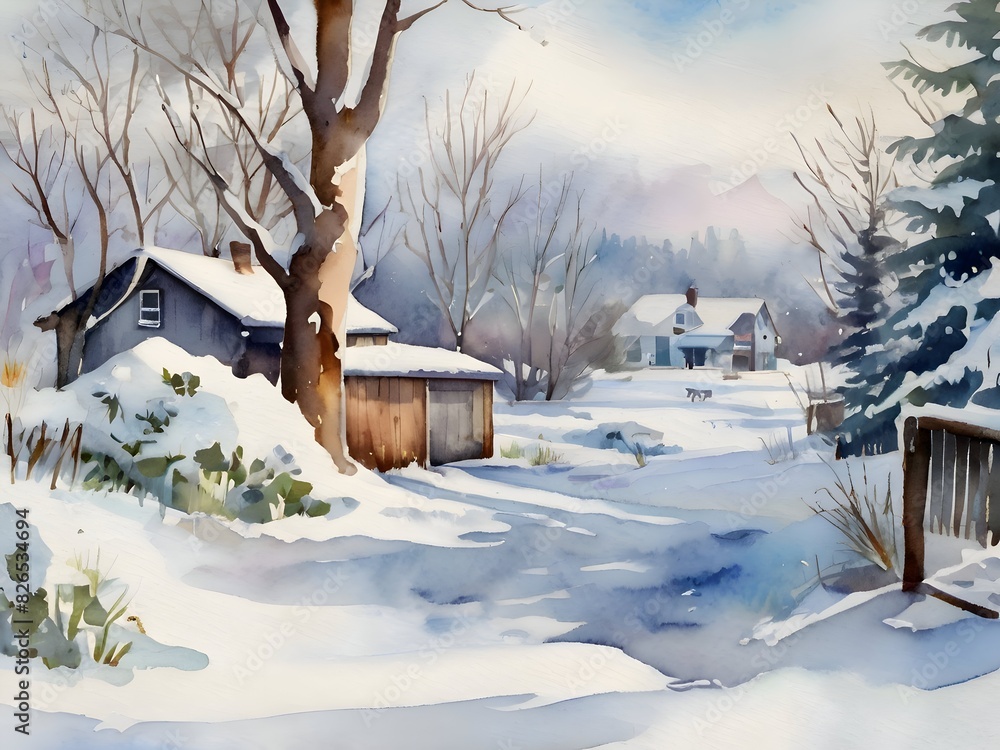 Winter Garden Backyard Watercolor Art Winter Garden Backyard Watercolor Art