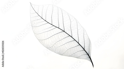 The photo shows a detailed close up of a skeleton leaf with intricate veins and delicate structure  isolated on a white background.