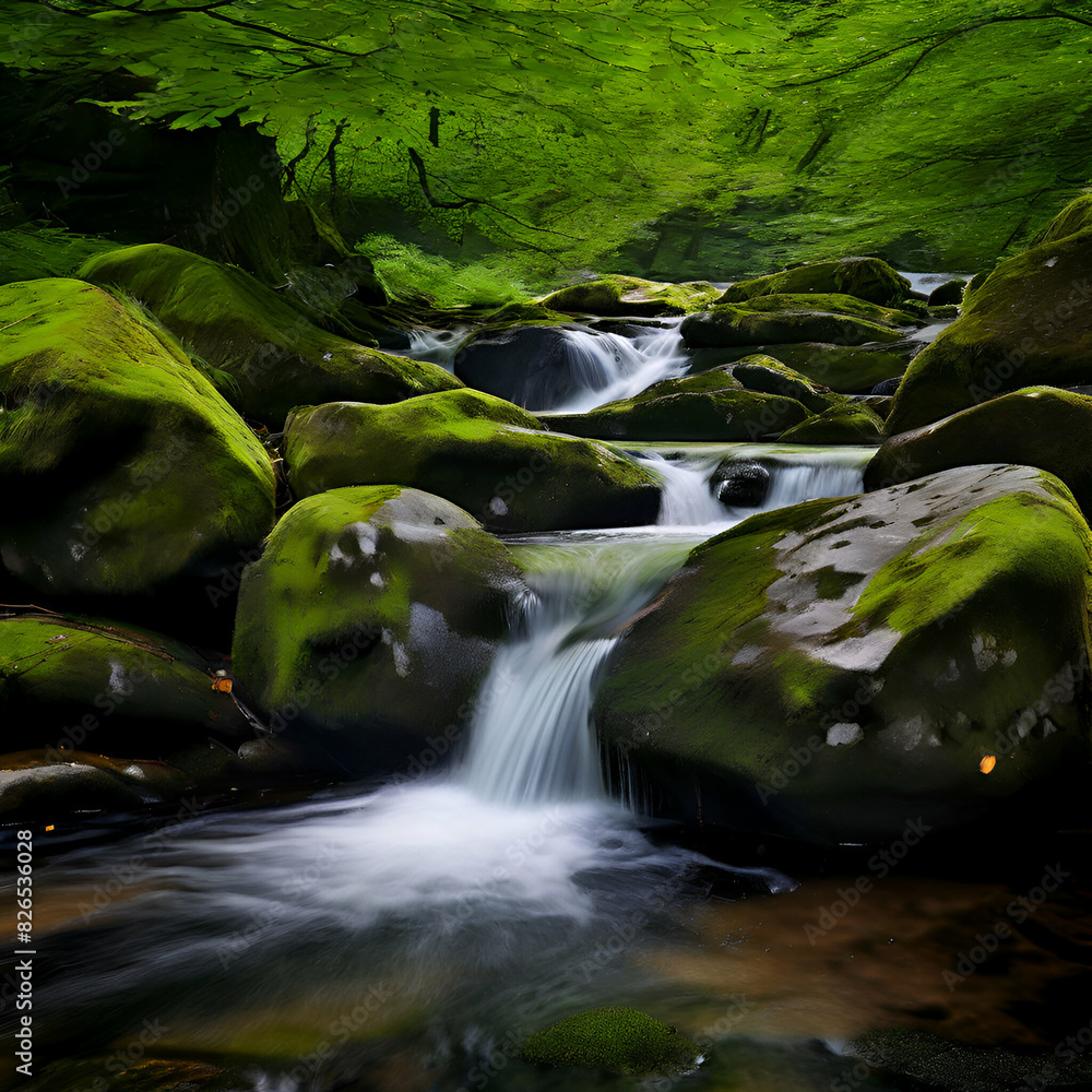 a small waterfall among the large hemmed wet stones covered with moss and green grass the rapid green tree background a small waterfall among the large hemmed wet stones covered with moss and green grass the rapid green tree background