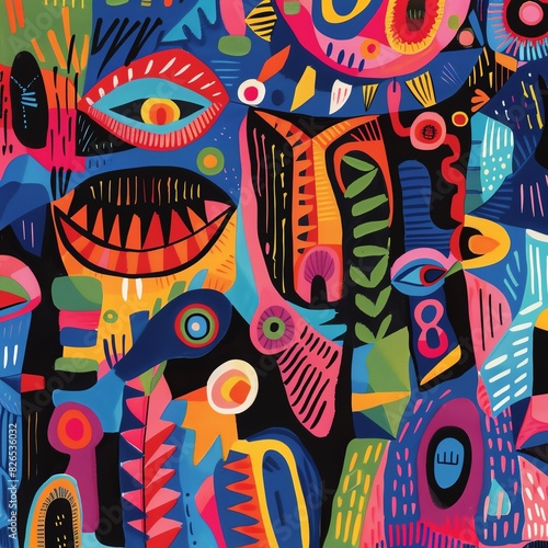 Abstract Peruvian textile illustration with bold, vibrant colors and abstract shapes,