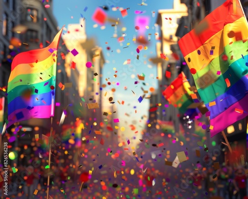 A photo of a crowd of people waving rainbow flags. The flags are waving in the wind and there is a rainbow of confetti falling from the sky.