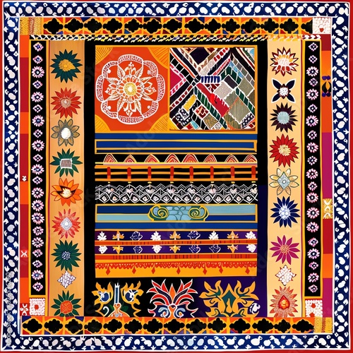 Bhutanese kira illustration with intricate woven patterns,