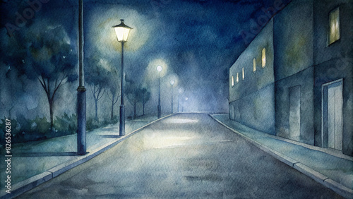 An illustration of empty street in the midnight surrounded by fog © merry