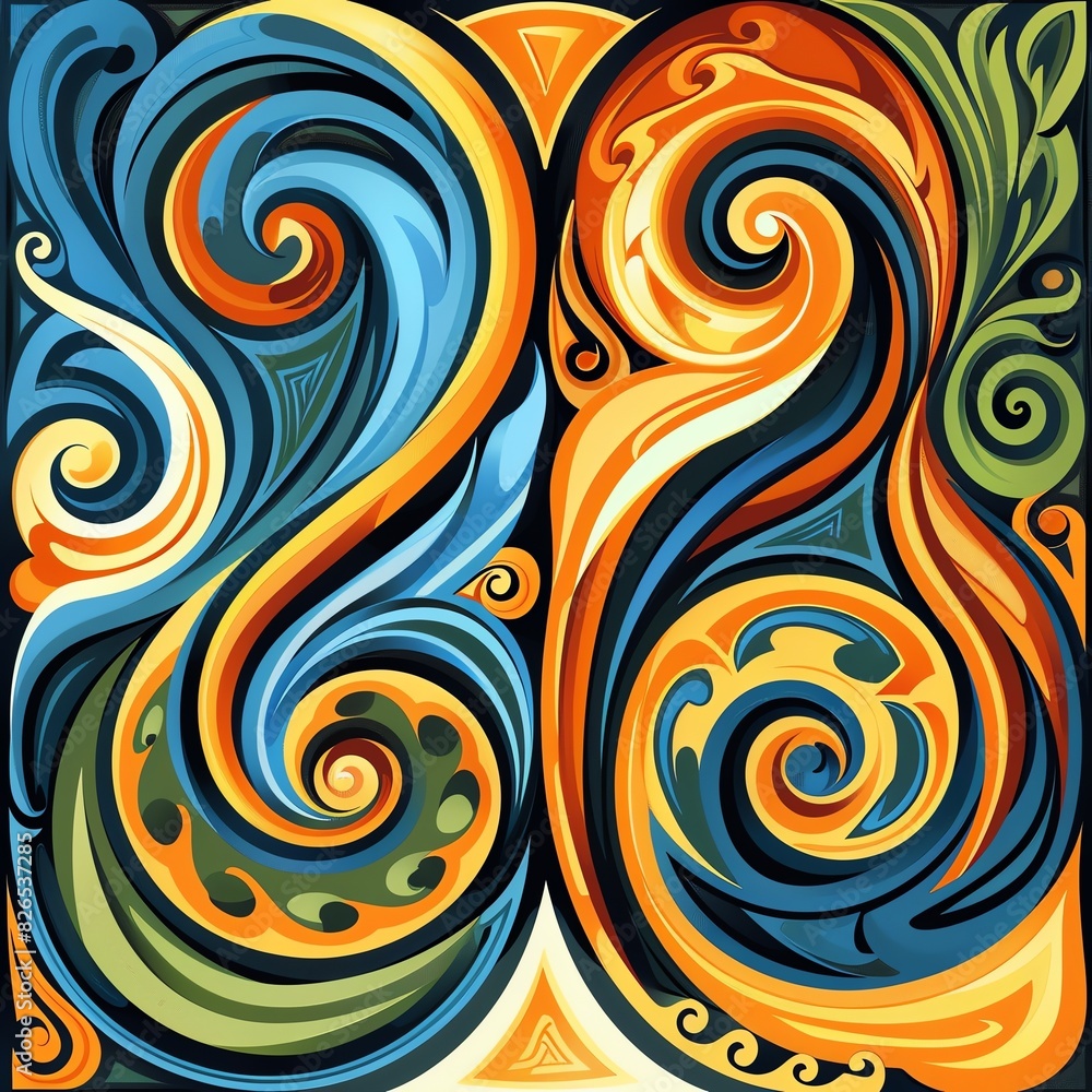 Maori koru geometric illustration with spirals and natural motifs,