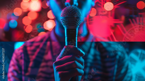 Man holding microphone on various backgrounds photo