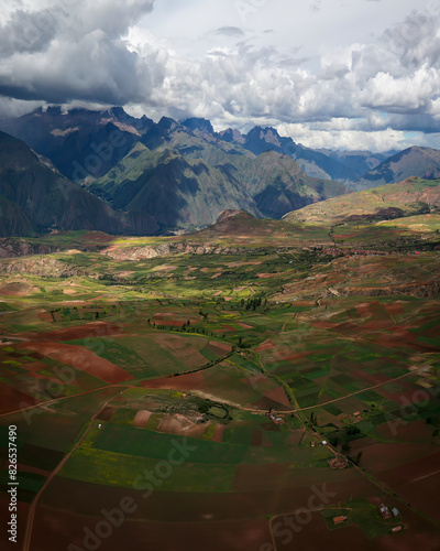 Aerial view of Moray arqueological place, Maras, Departamento del Cuzco, Peru. photo