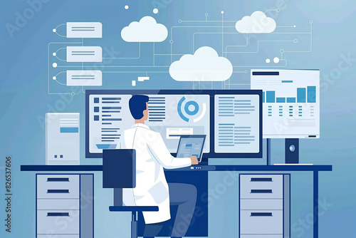Doctor using computer backup data on Cloud Computer technology and storage online for computer backup storage data Internet technology backup online document Illustrations style.