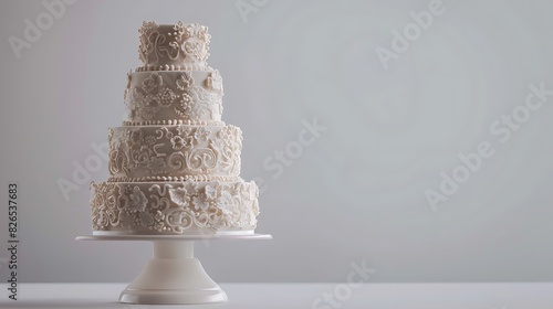 Elegant tiered cake adorned with intricate frosting designs, standing gracefully on a pristine white surface, ready to indulge in celebrations. photo