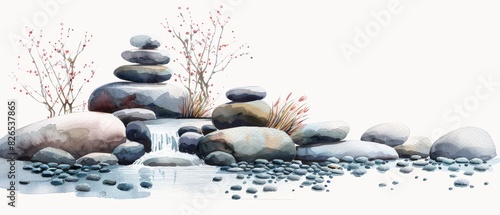 A stack of smooth stones of various sizes with a small waterfall feature. photo