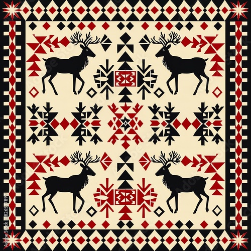 Sami geometric textile pattern illustration with reindeer motifs,
