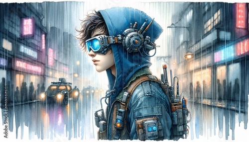 The image portrays a young person with high-tech goggles, amidst a vibrant, neon-lit cyberpunk cityscape. © S photographer