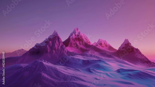 Craft a photorealistic depiction of a majestic mountain range immersed in a purple haze that engulfs its peaks