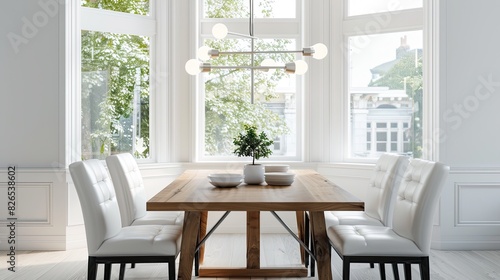bright dining space with a wooden table, white leather chairs, and a minimalist light fixture, illuminated by natural light from large bay windows