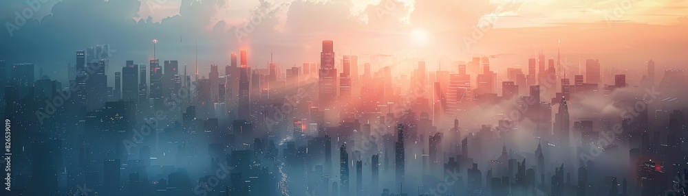 Futuristic towers expanding skyward in a major city close up, focus on, copy space Radiant urban skyline Double exposure silhouette with city expansion