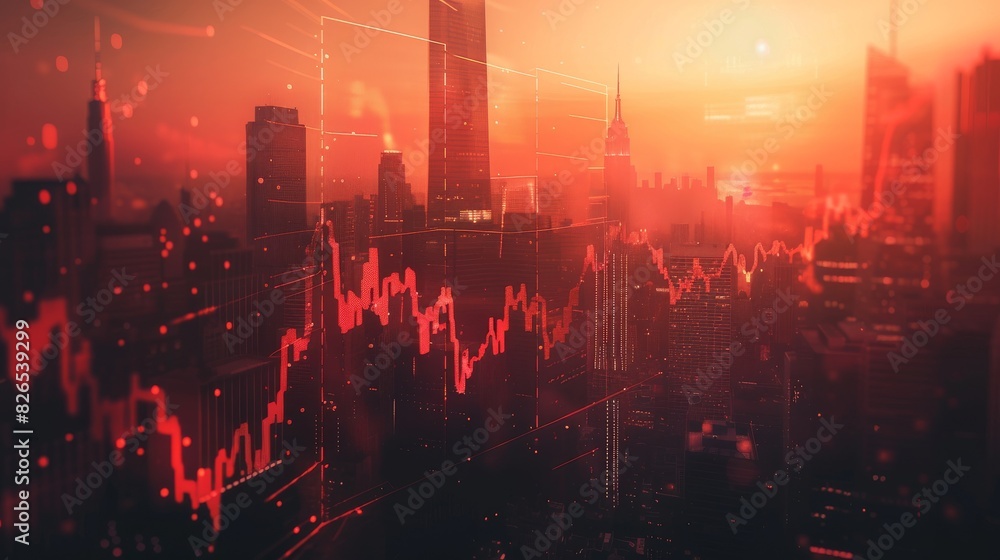 Obraz premium Urban skyscrapers collapsing with a downward financial graph close up, focus on, copy space Dramatic cityscape tones Double exposure silhouette with economic downturn