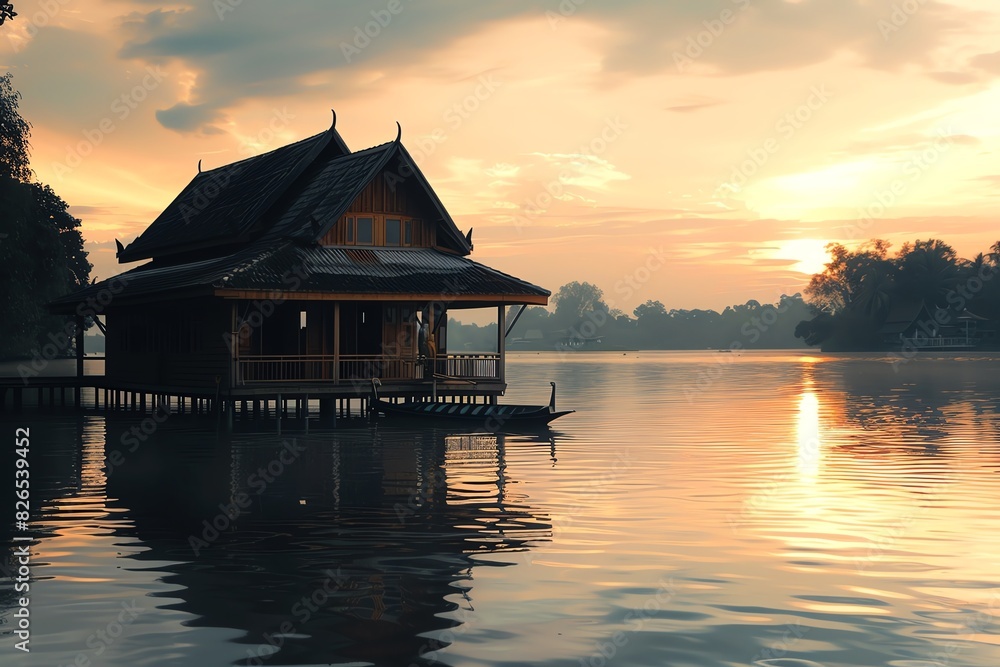 A beautiful landscape of a traditional house on a lake during a vibrant sunset A beautiful landscape of a traditional house on a lake during a vibrant sunset