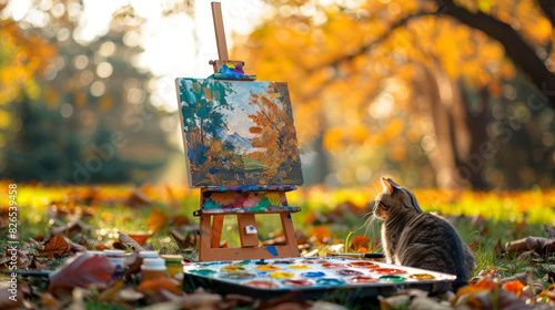 A cat is sitting in front of an easel in the middle of a forest. The cat is looking at the painting on the easel. The painting is of a forest. The cat is wearing a beret. photo
