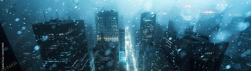 Skyscrapers disintegrating in an abandoned city close up, focus on, copy space Moody city lights Double exposure silhouette with decay Skyscrapers disintegrating in an abandoned city close up, focus on, copy space Moody city lights Double exposure silhouette with decay
