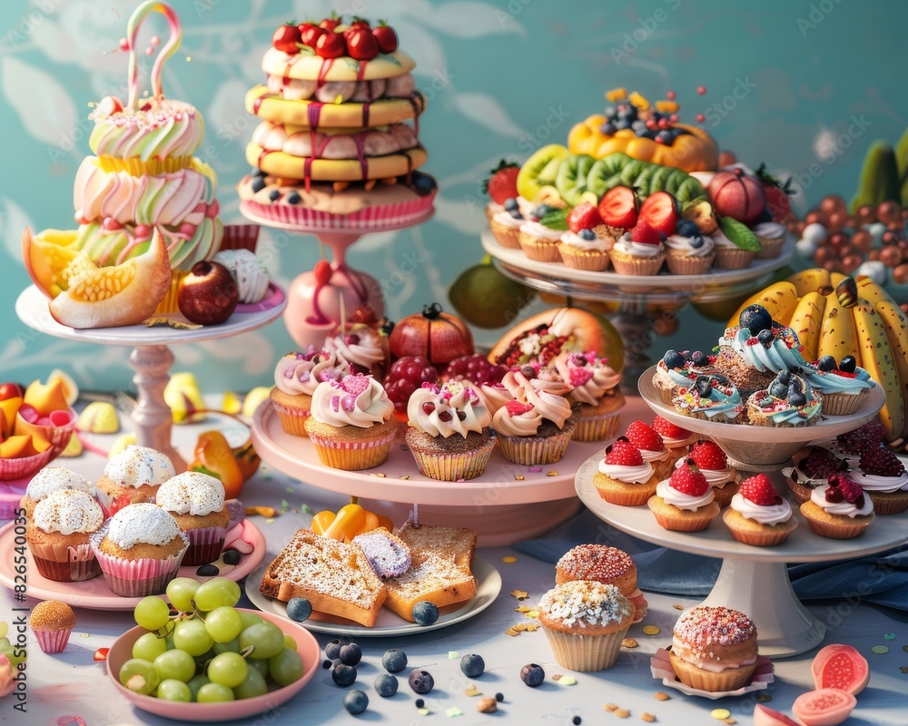A variety of sweet and savory pastries are arranged on a table. The pastries include cupcakes, muffins, cookies, fruit tarts, and cakes. A variety of sweet and savory pastries are arranged on a table. The pastries include cupcakes, muffins, cookies, fruit tarts, and cakes.