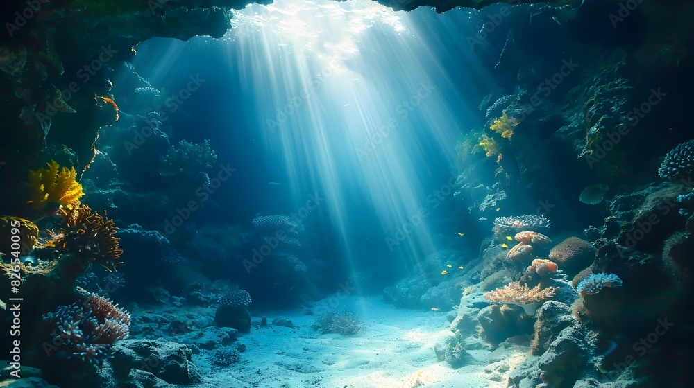 Fototapeta premium Enchanting Underwater Cave Illuminated by Sunlight with Vibrant Marine Life Exploring the Cavern