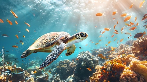 Graceful Sea Turtle Gliding Through Vibrant Underwater Coral Reef Ecosystem