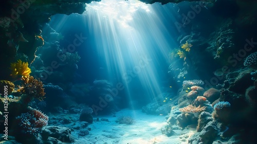 Enchanting Underwater Cave Illuminated by Sunlight with Vibrant Marine Life Exploring the Cavern