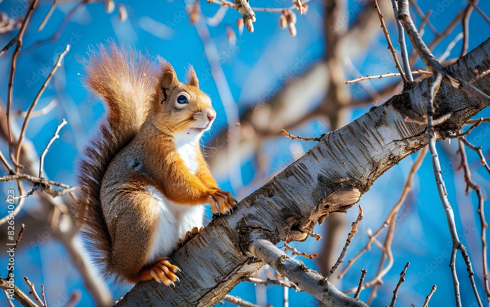 Cute American red squirrel with a big fluffy tail sitting high on a tree branch Cute American red squirrel with a big fluffy tail sitting high on a tree branch