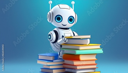Cute robot child with pile of books on blue background