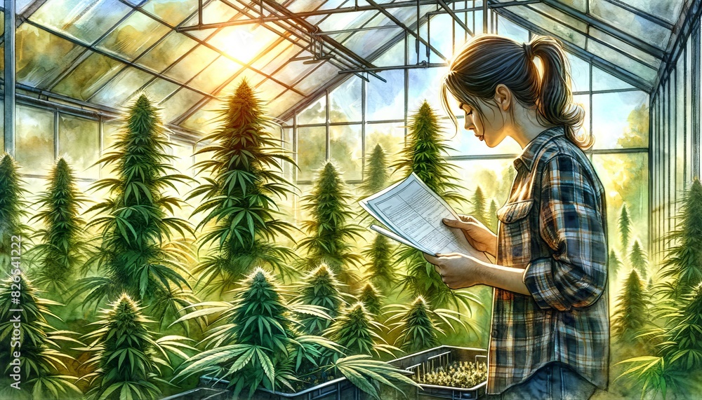 The image portrays a young woman meticulously examining and documenting her findings in a greenhouse filled with tall cannabis plants.