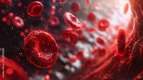 Red blood cells moving through a blood vessel, showing the flow of blood in the circulatory system. photo