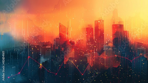 Cityscape expanding upward with an upward financial graph close up, focus on, copy space Lively downtown colors Double exposure silhouette with fiscal prosperity