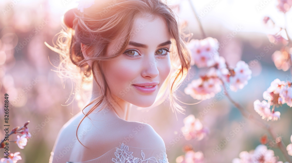 Germany woman smiling in fashionable dress in cherry blossom celebration Germany woman smiling in fashionable dress in cherry blossom celebration