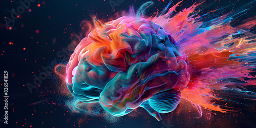 Image of human brain in colorful splashes glowing on black background