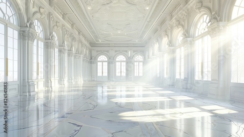 An empty white ballroom with marble floors and ornate ceilings, bathed in sunlight through large  photo